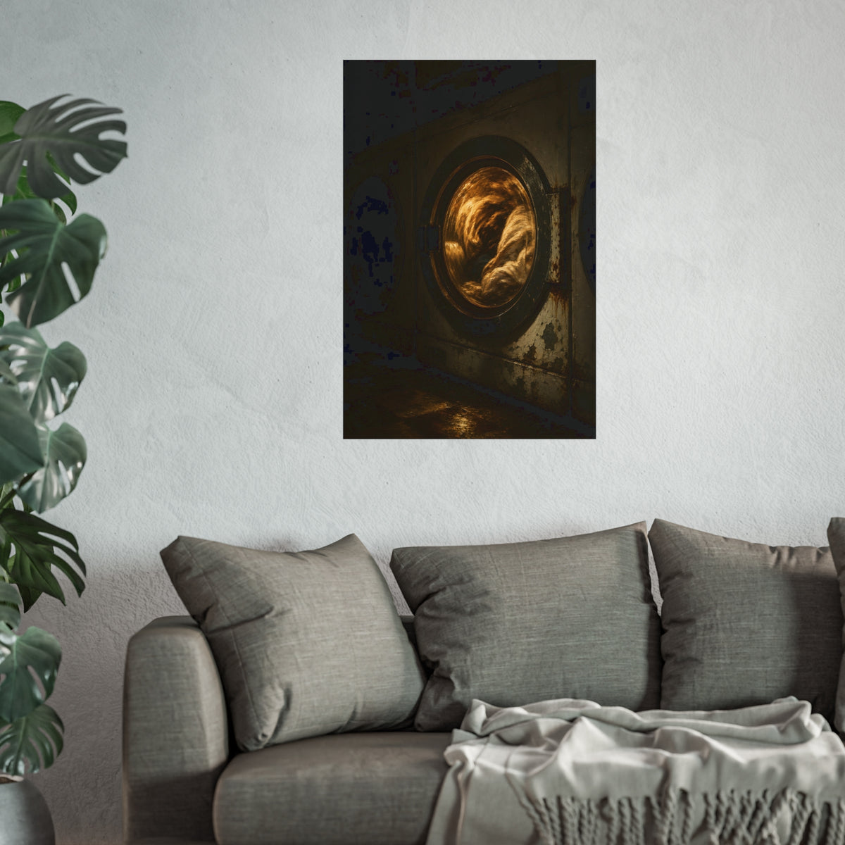 A washer drum tumbling laundry lit amber behind its glass door. The First Spin by Garabaggio, fine art print hanging in a room.