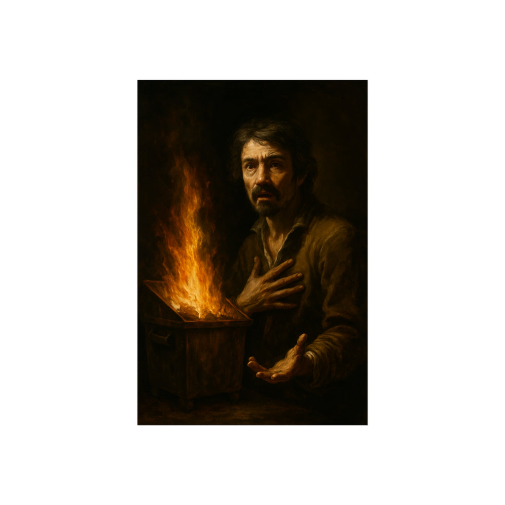 Man reaching an open palm toward a dumpster fire at his left. Self-Portrait as the Doubting Thomas by Garabaggio, fine art print hanging in a room.