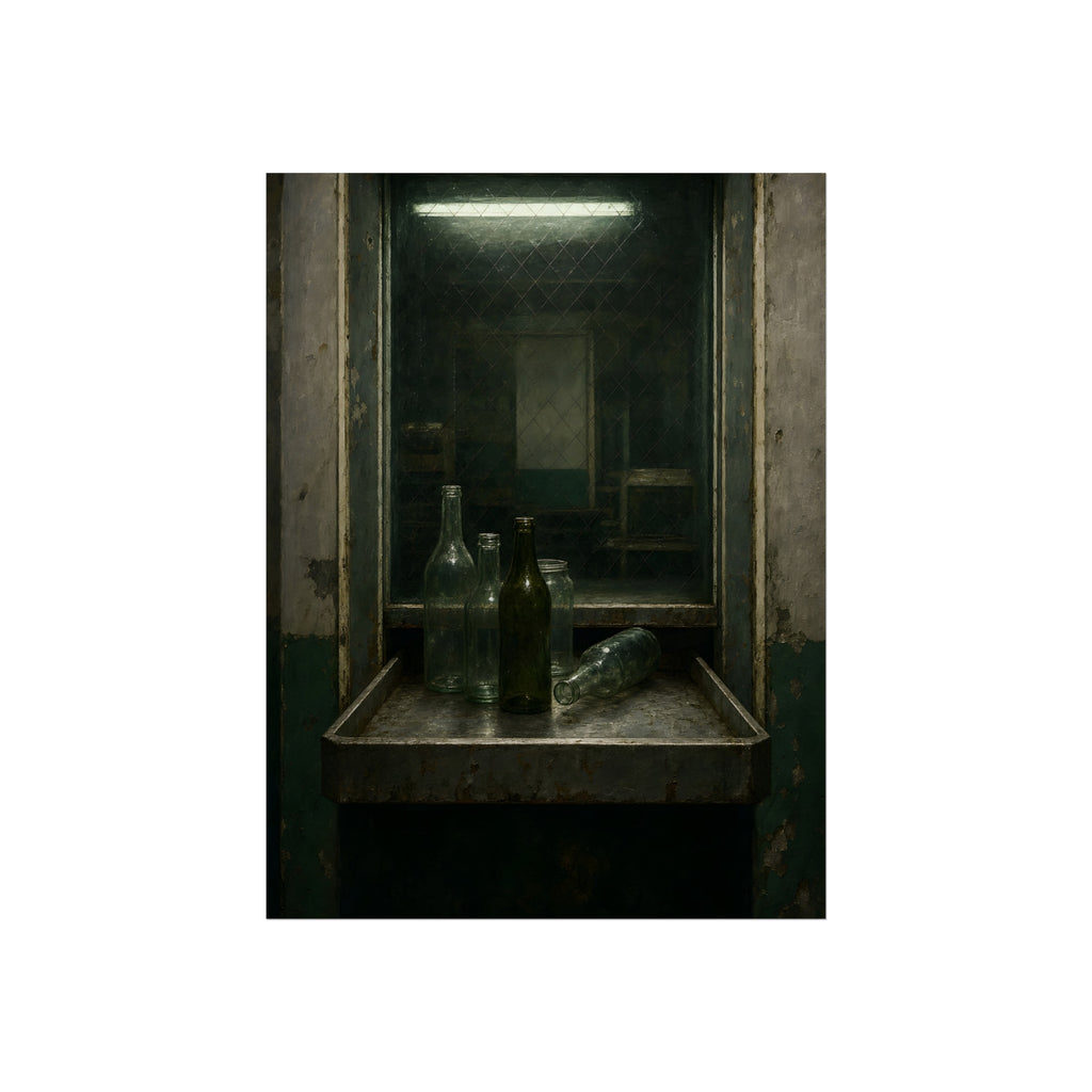Empty glass bottles on a metal tray at a service window under a fluorescent tube. The Counting Window by Garabaggio, fine art print, 12″ x 16″.