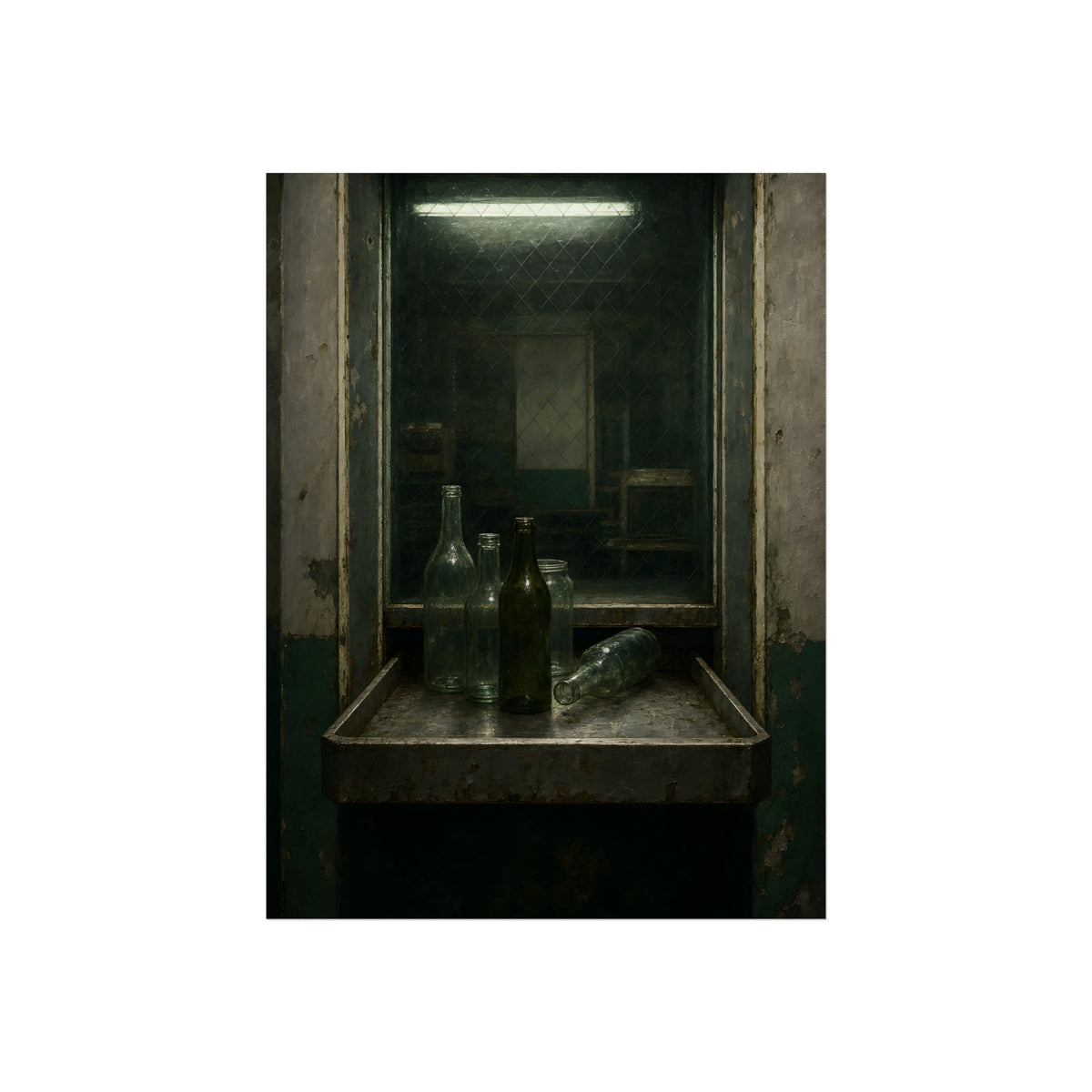 Empty glass bottles on a metal tray at a service window under a fluorescent tube. The Counting Window by Garabaggio, fine art print, 12″ x 16″.