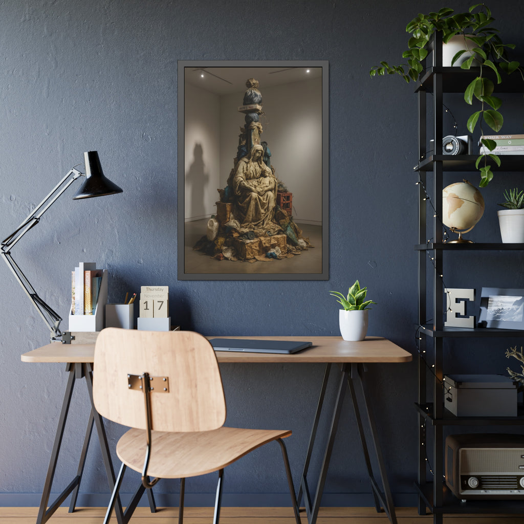 Seated hooded figure cradling a bundle on a mound of bagged refuse. Pietà of the Curbside by Garabaggio, framed fine art print hanging in a room.