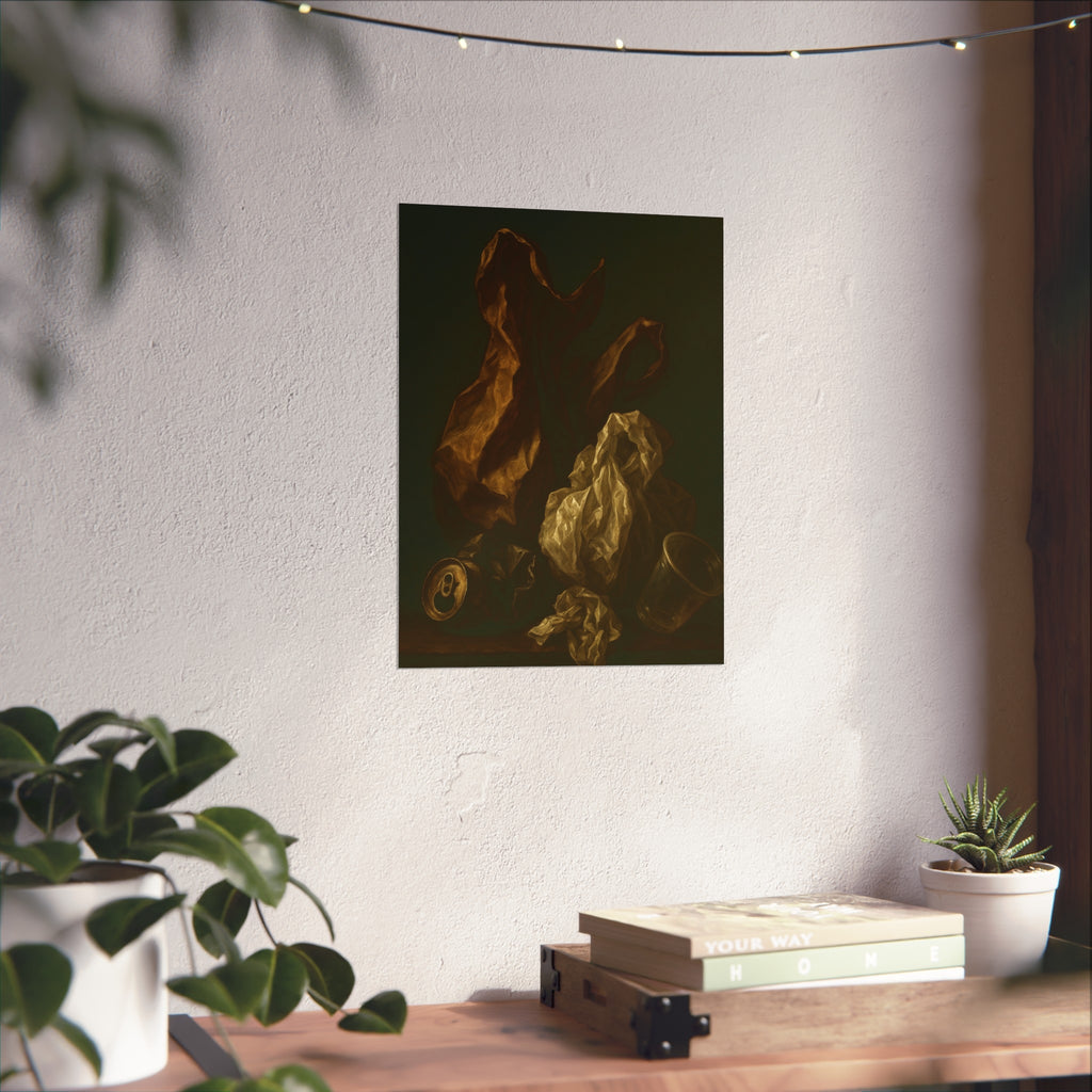 A plastic bag and crumpled paper beside a crushed can and clear cup. The Two Penitents by Garabaggio, fine art print hanging in a room.