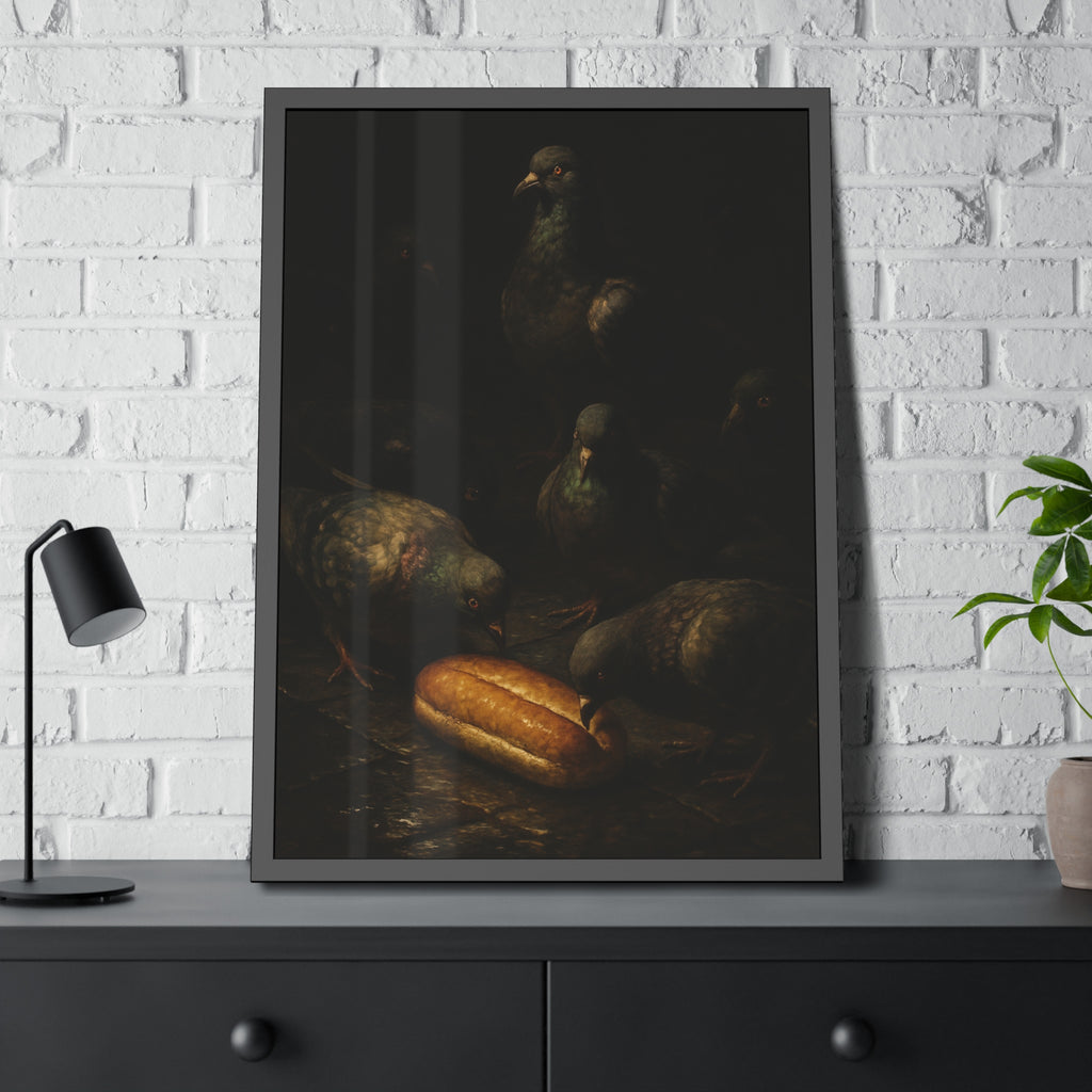 Pigeons crowding around a bread roll on dark stone paving. The Congregation at the Bun by Garabaggio, framed fine art print hanging in a room.