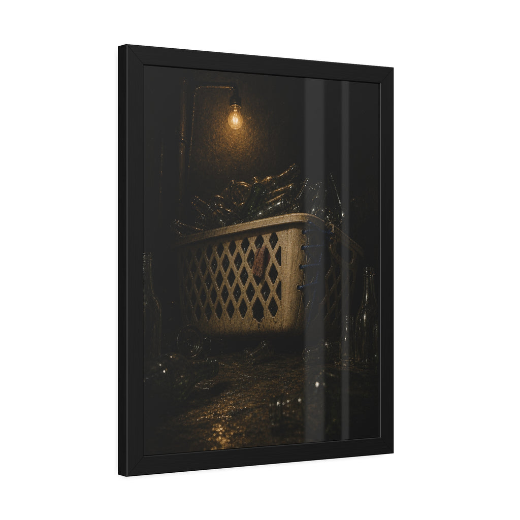 A laundry basket filled with glass bottles under a bare hanging bulb. The Second Life for Bottles by Garabaggio, framed fine art print hanging in a room.