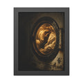 A washer drum tumbling laundry lit amber behind its glass door. The First Spin by Garabaggio, framed fine art print, 11″ x 14″.