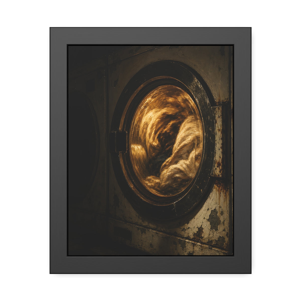 A washer drum tumbling laundry lit amber behind its glass door. The First Spin by Garabaggio, framed fine art print, 11″ x 14″.