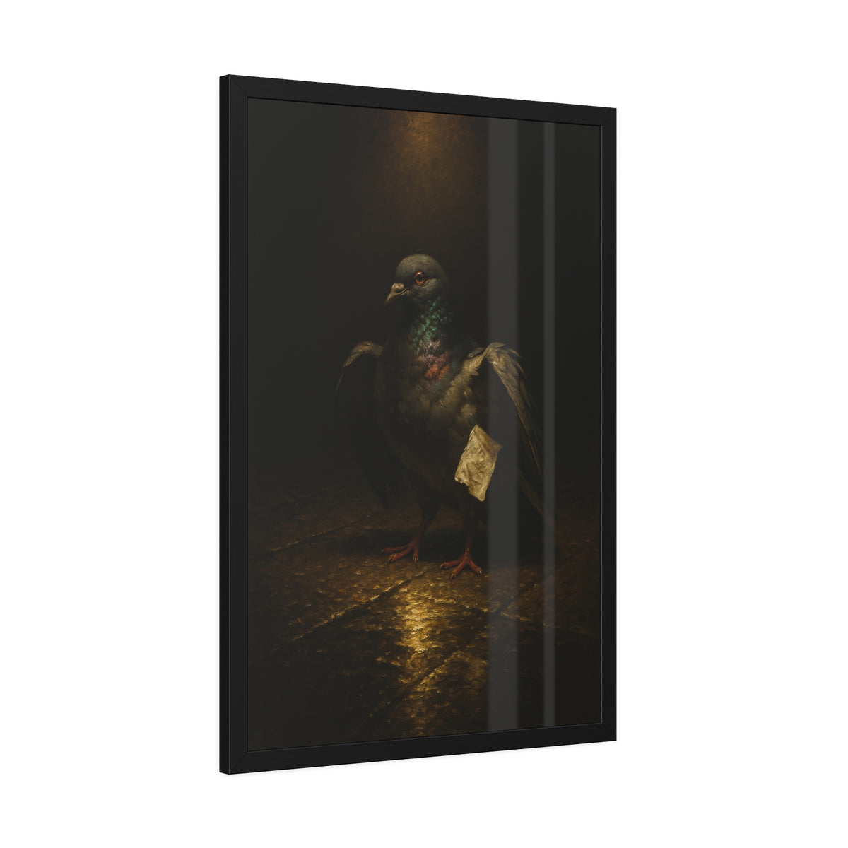 A pigeon with wings half raised, a paper scrap at its side. The Annunciation of the Common Pigeon by Garabaggio, framed fine art print hanging in a room.