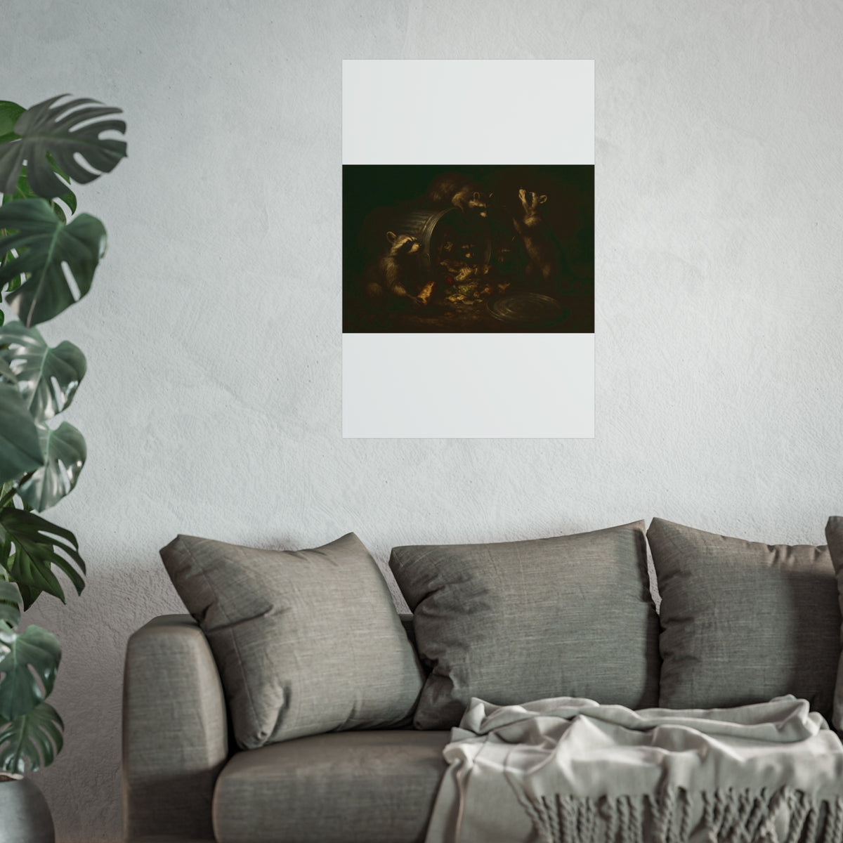 Raccoons around a tipped metal trash can, scattering food scraps. The Vigil of the Midnight Feast by Garabaggio, fine art print hanging in a room.