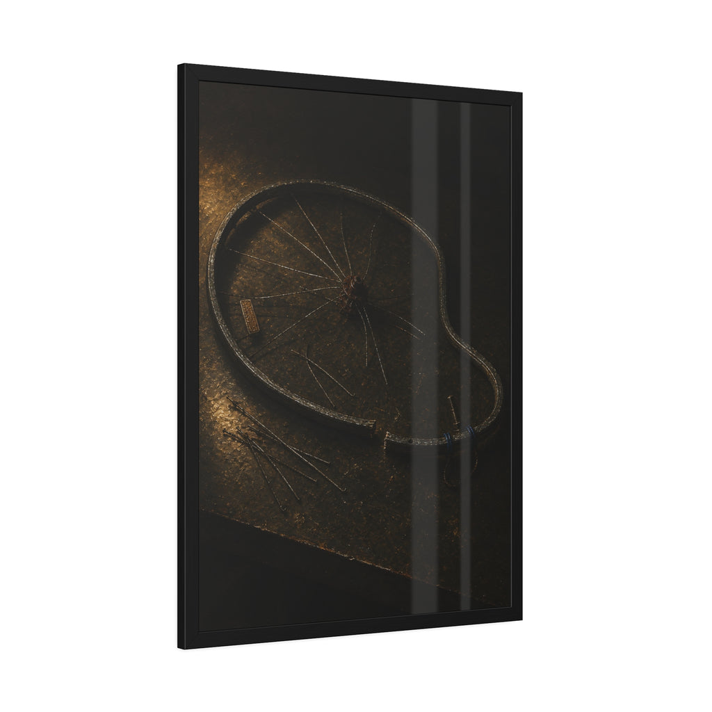 A bent bicycle wheel rim with loose spokes on a dark table in warm light. The Cutting of the Circle by Garabaggio, framed fine art print hanging in a room.