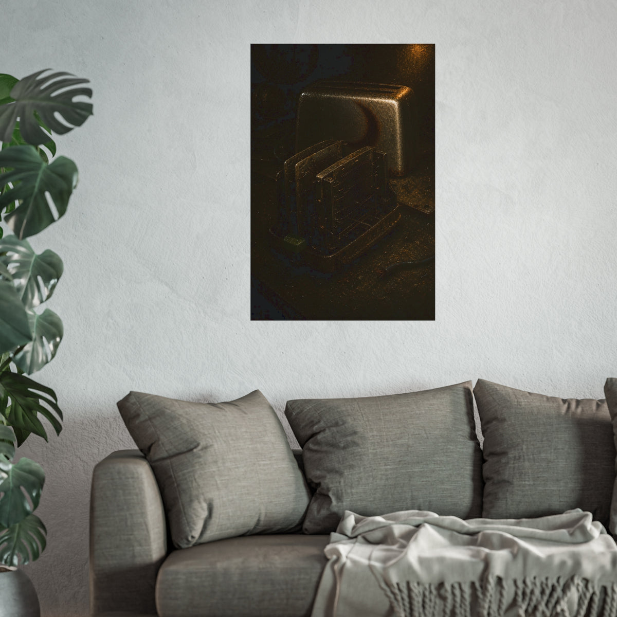 A toaster with its side panel opened to expose the heating elements. The Opening of the Shell by Garabaggio, fine art print hanging in a room.
