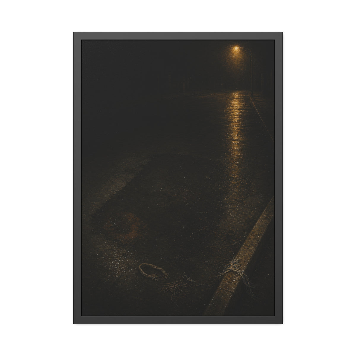 A rectangular stain on wet asphalt where something lay, under a streetlamp. The Stain After Removal by Garabaggio, framed fine art print, 28″ x 40″.