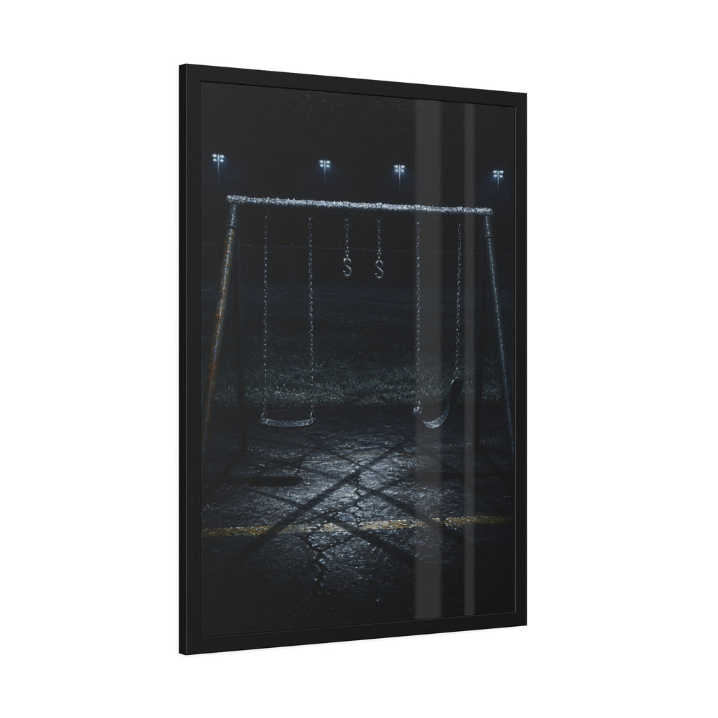 An empty swing set with frost on its crossbar under floodlights. Midnight: The Frost on the Crossbar by Garabaggio, framed fine art print hanging in a room.