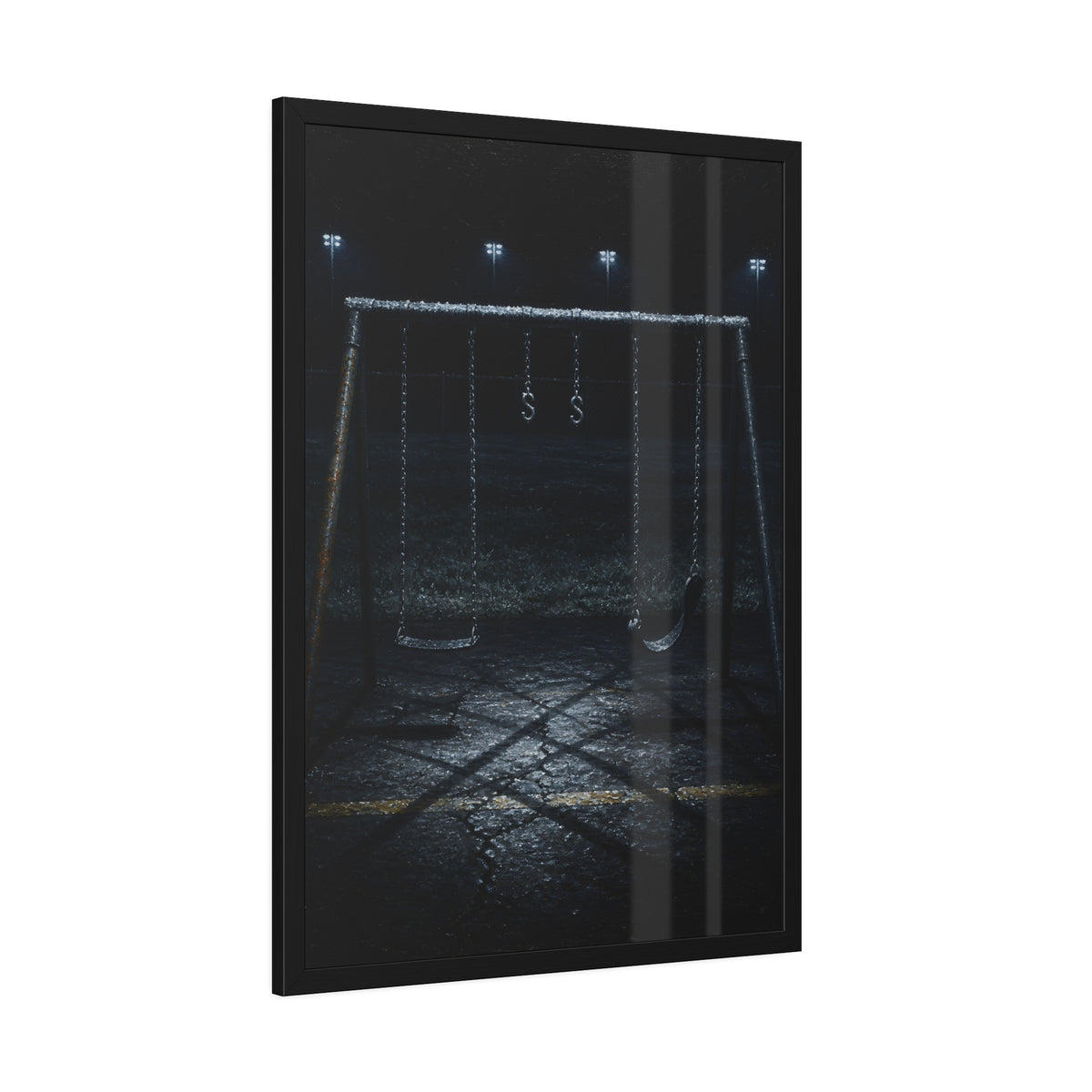 An empty swing set with frost on its crossbar under floodlights. Midnight: The Frost on the Crossbar by Garabaggio, framed fine art print hanging in a room.