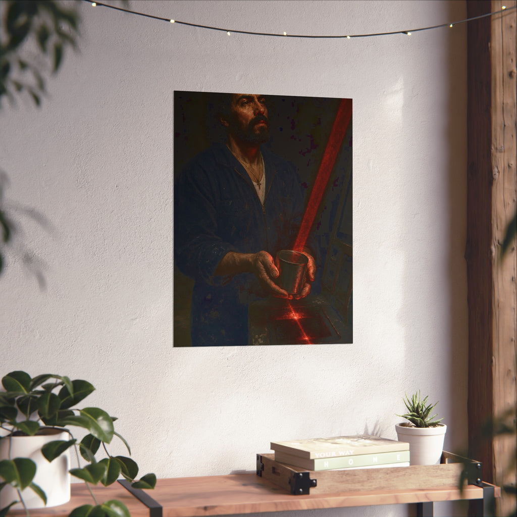 A man in blue coveralls holding a metal cup in a red scanner beam. The First Scan by Garabaggio, fine art print hanging in a room.