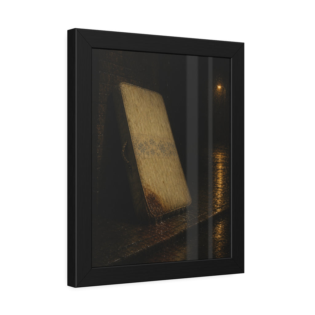 A stained mattress leaning against a wall in rain under a streetlamp. The First Rain by Garabaggio, framed fine art print hanging in a room.
