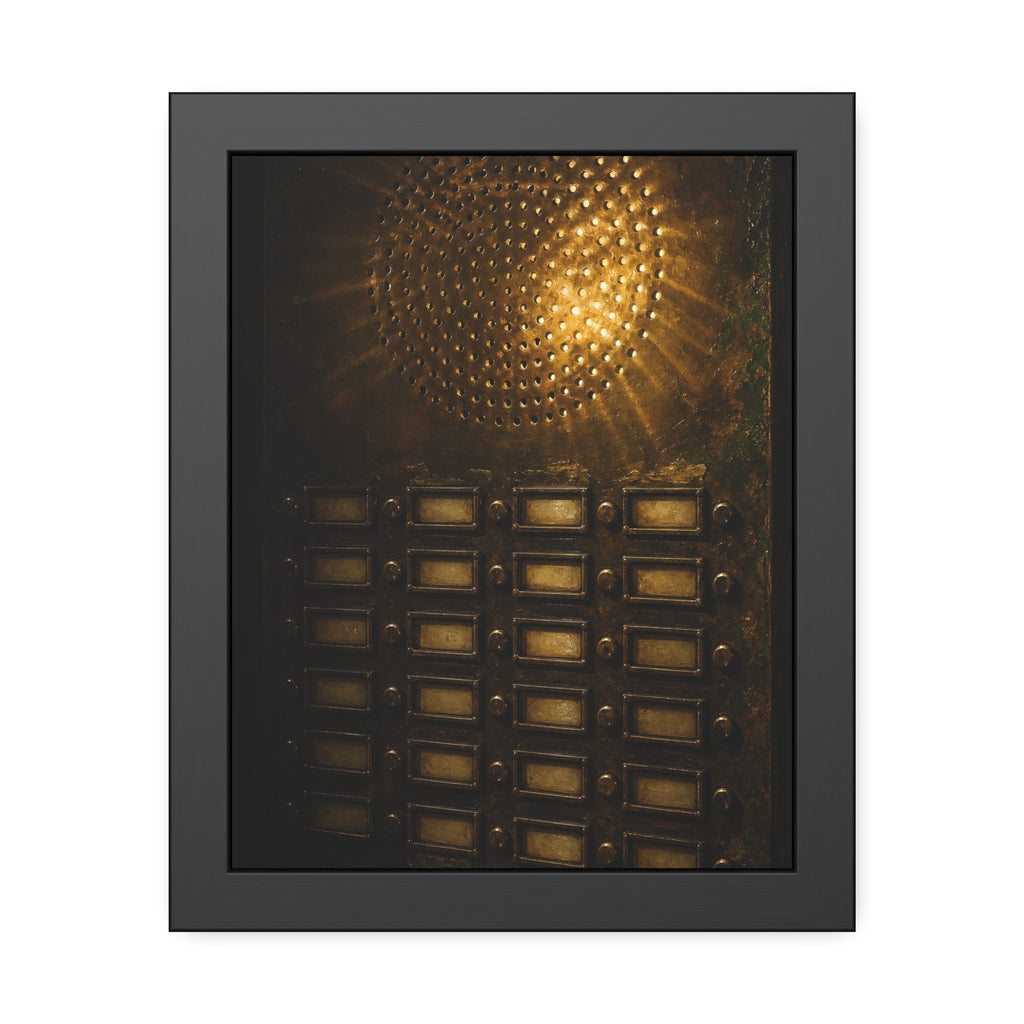 Light glowing through an intercom speaker grille above rows of buttons. Voice Through Perforations by Garabaggio, framed fine art print, 11″ x 14″.