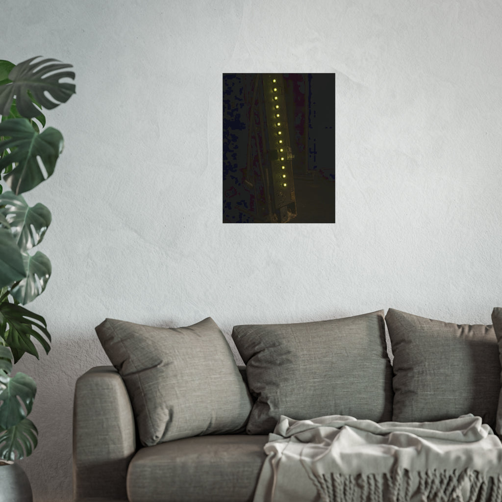A dark rack panel with a vertical row of glowing green indicator lights. The First Green Choir by Garabaggio, fine art print hanging in a room.