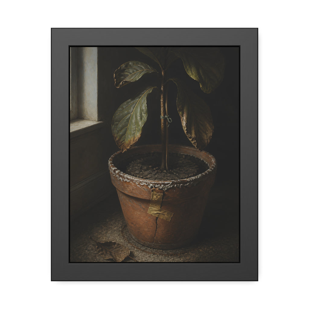 A drooping potted plant in a cracked terracotta pot beside a window. The Missed Watering by Garabaggio, framed fine art print, 11″ x 14″.