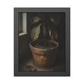 A drooping potted plant in a cracked terracotta pot beside a window. The Missed Watering by Garabaggio, framed fine art print, 11″ x 14″.