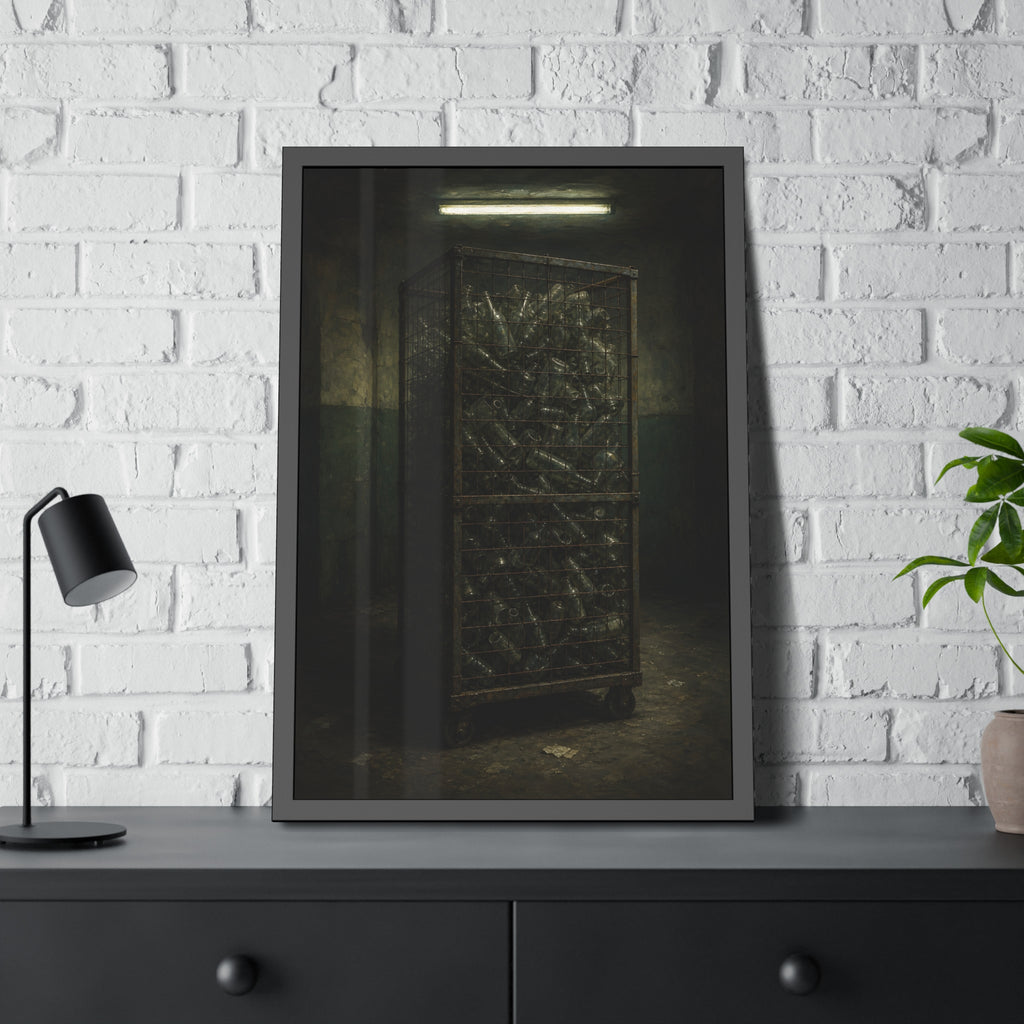 A tall wire cage cart packed with clear bottles in a dim concrete room. The Cage of Clear Glass by Garabaggio, framed fine art print hanging in a room.