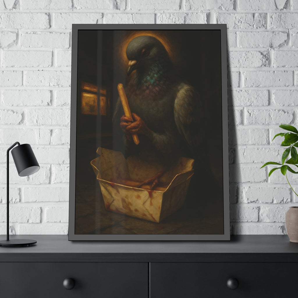 A haloed pigeon holding a french fry over a takeout carton in an alley. Madonna of the Pigeon with Fries by Garabaggio, framed fine art print hanging in a room.