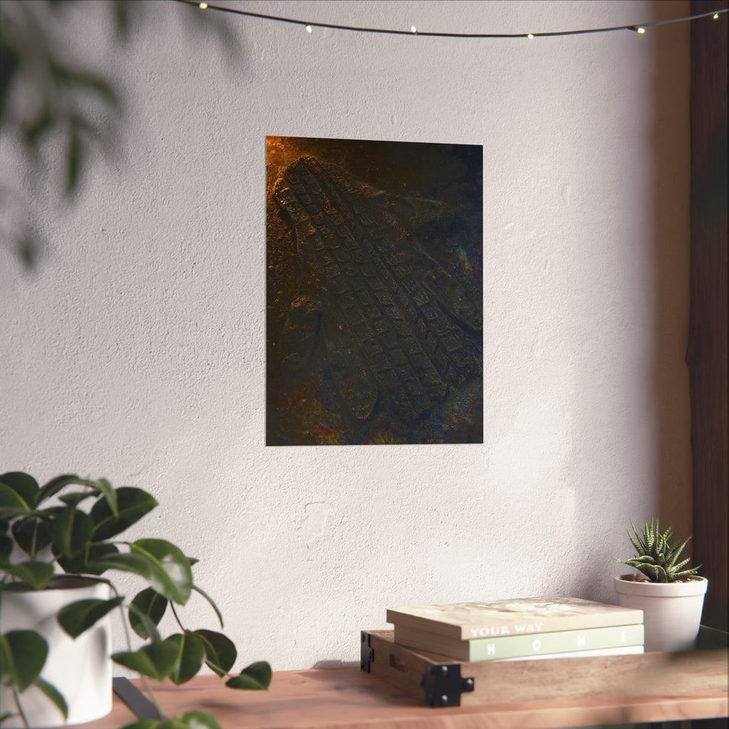 A flattened work glove on asphalt with a tire tread pressed across it. The Passage of the Wheel by Garabaggio, fine art print hanging in a room.