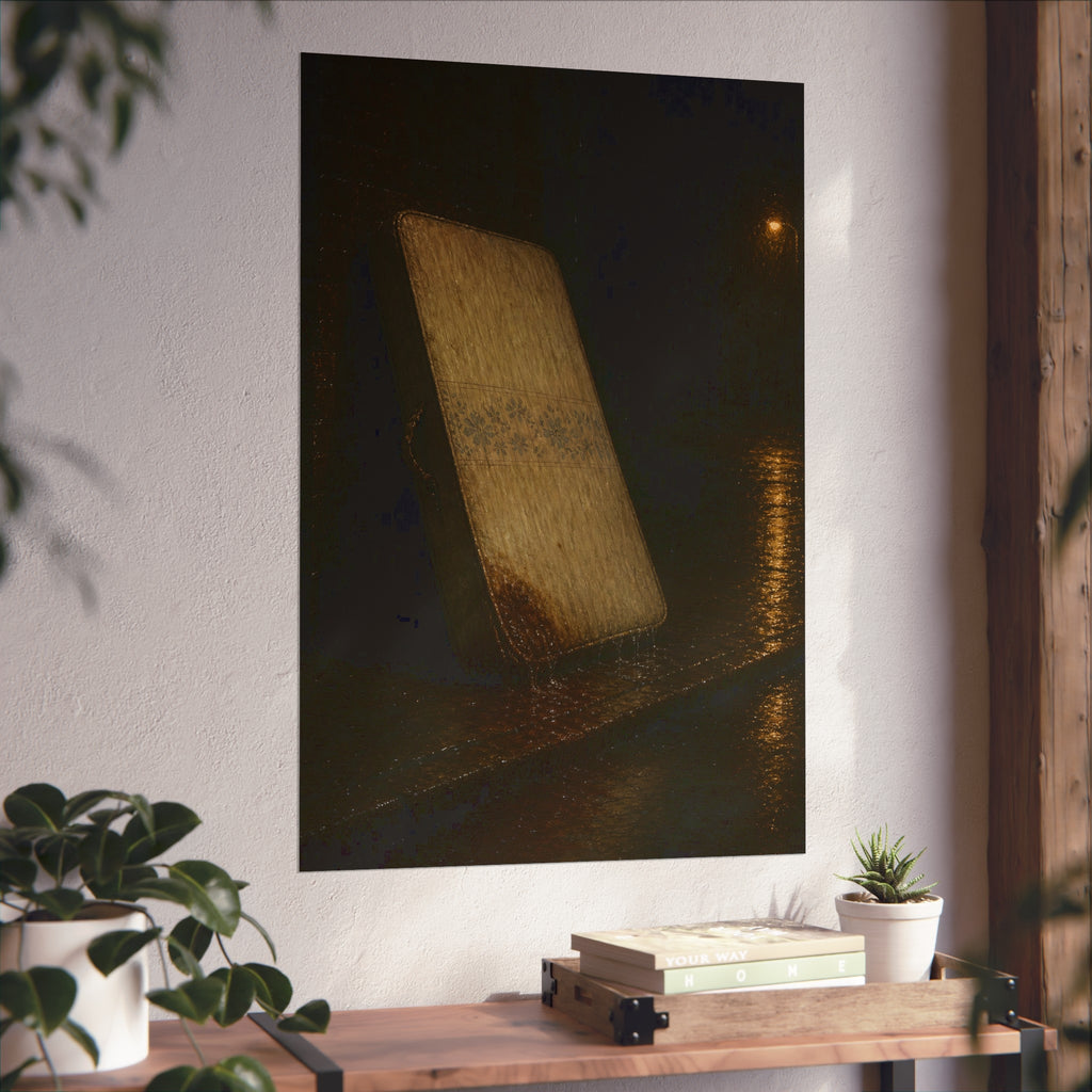 A stained mattress leaning against a wall in rain under a streetlamp. The First Rain by Garabaggio, fine art print hanging in a room.