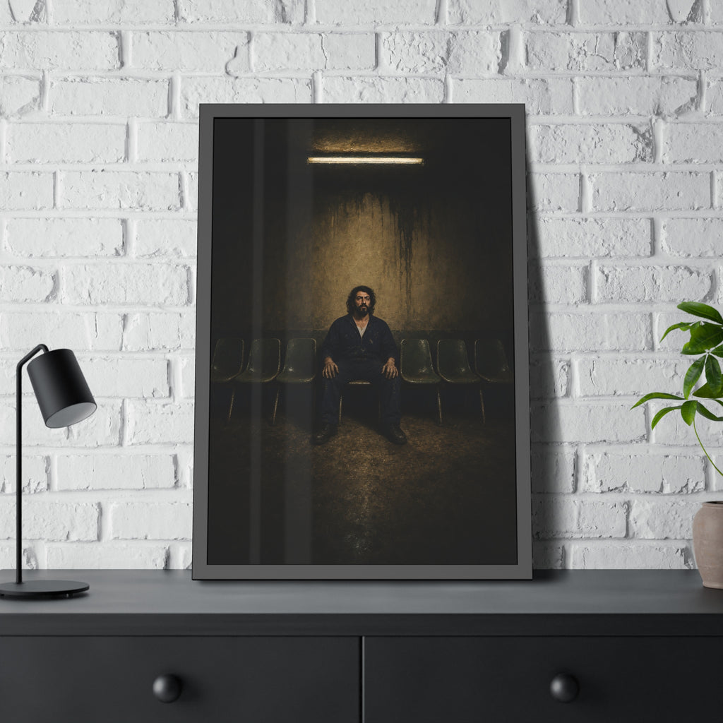 A man sits in the middle of a row of empty chairs under a wall light. Garabaggio Takes the Middle Chair by Garabaggio, framed fine art print hanging in a room.