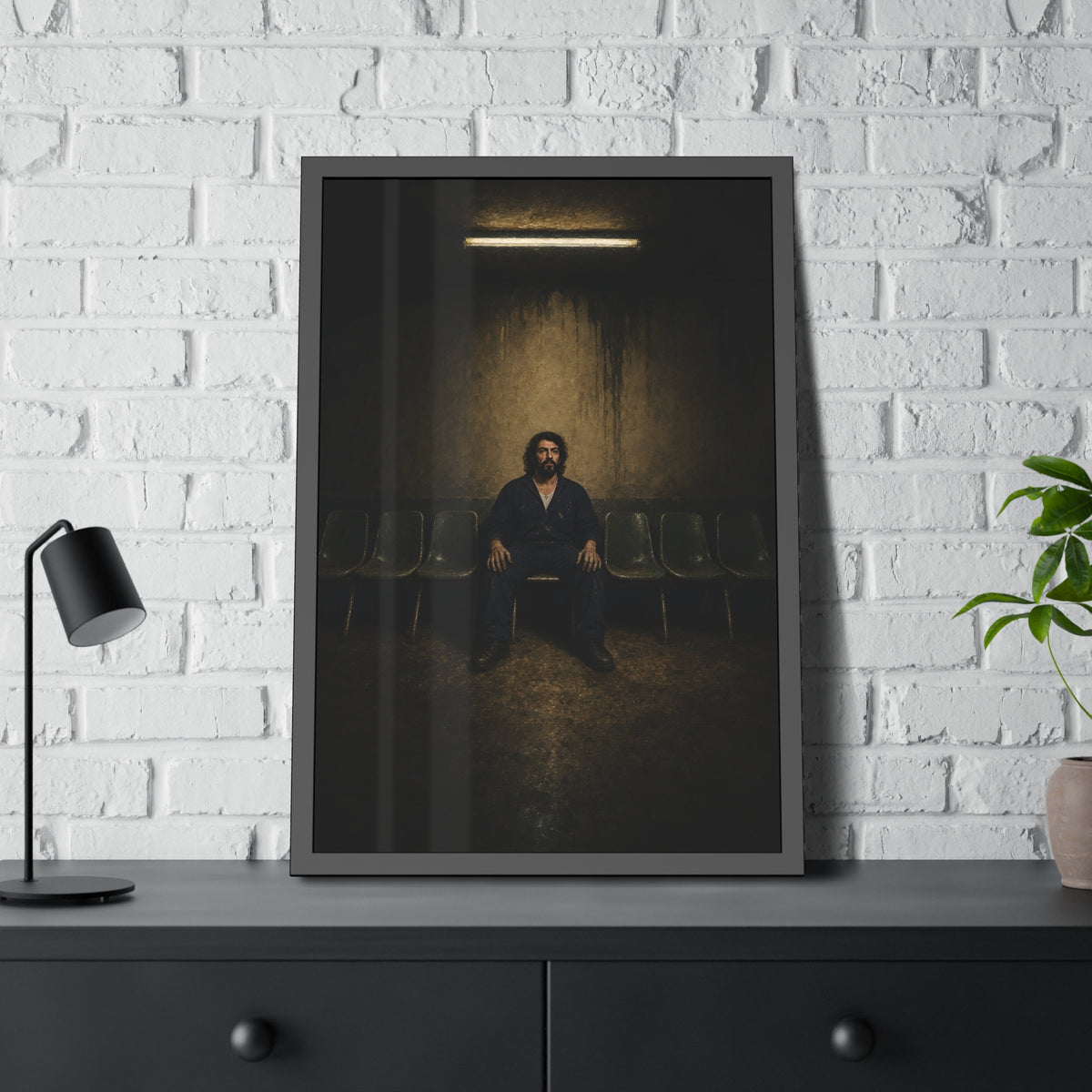 A man sits in the middle of a row of empty chairs under a wall light. Garabaggio Takes the Middle Chair by Garabaggio, framed fine art print hanging in a room.