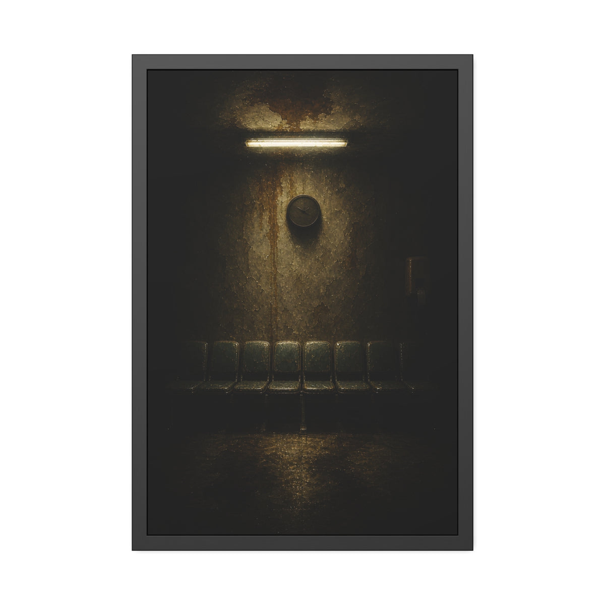 Empty waiting room seats below a stained wall clock and a strip light. Afternoon Without Movement by Garabaggio, framed fine art print, 24″ x 36″.