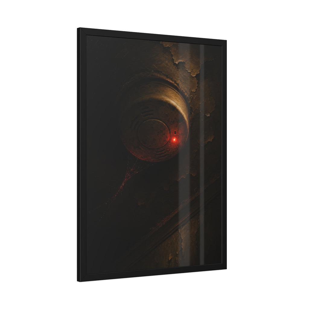 A smoke detector with a red light on a peeling ceiling, cobwebs beneath. The Chirp at Three Forty by Garabaggio, framed fine art print hanging in a room.