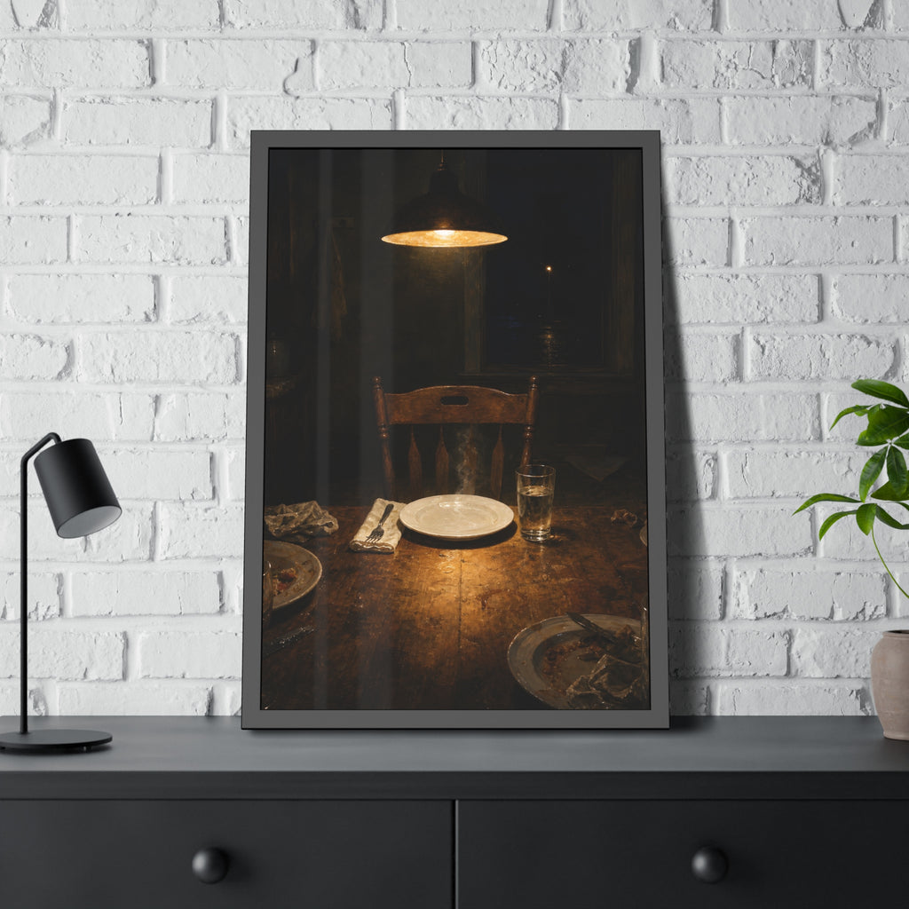 A clean plate and empty chair under a hanging lamp at a used dinner table. The Empty Seat at Dinner by Garabaggio, framed fine art print hanging in a room.