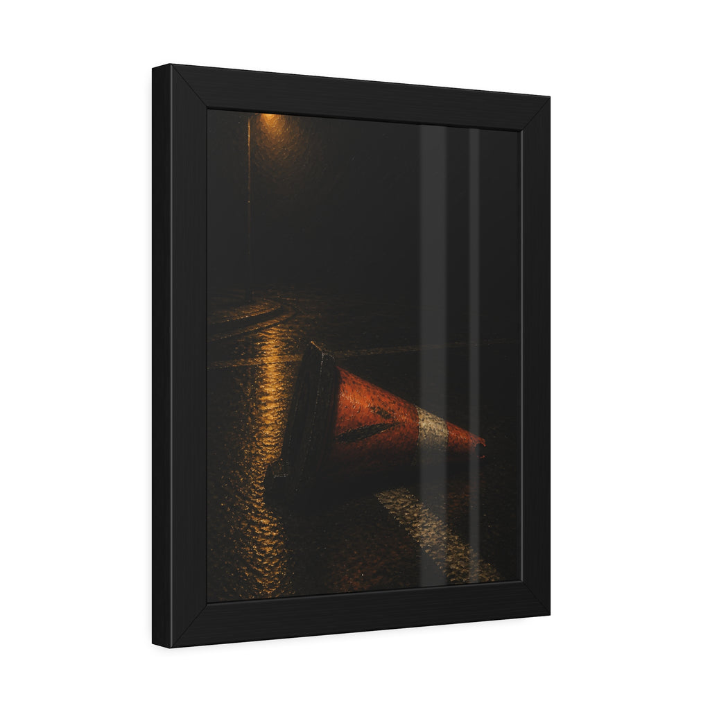 A toppled orange traffic cone on a wet road under a lone streetlight. The Taking by the Bumper by Garabaggio, framed fine art print hanging in a room.