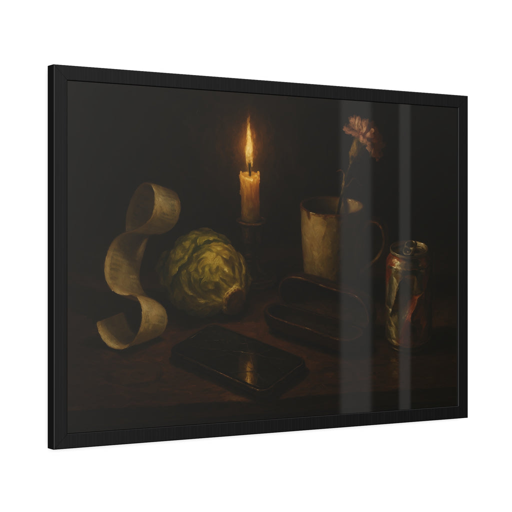 A candle, lettuce head, curled receipt and can on a dim table. Vanitas with Receipts and Wilted Lettuce by Garabaggio, framed fine art print hanging in a room.
