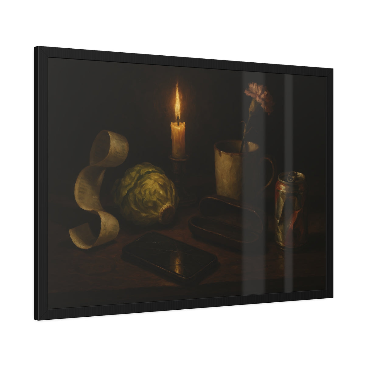 A candle, lettuce head, curled receipt and can on a dim table. Vanitas with Receipts and Wilted Lettuce by Garabaggio, framed fine art print hanging in a room.