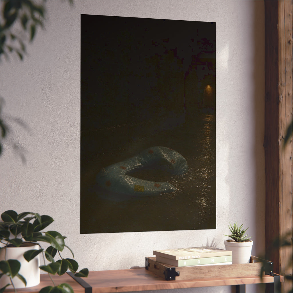 A deflated pool float ring on wet alley pavement, a lit doorway far behind. The Crossing of the Alley by Garabaggio, fine art print hanging in a room.