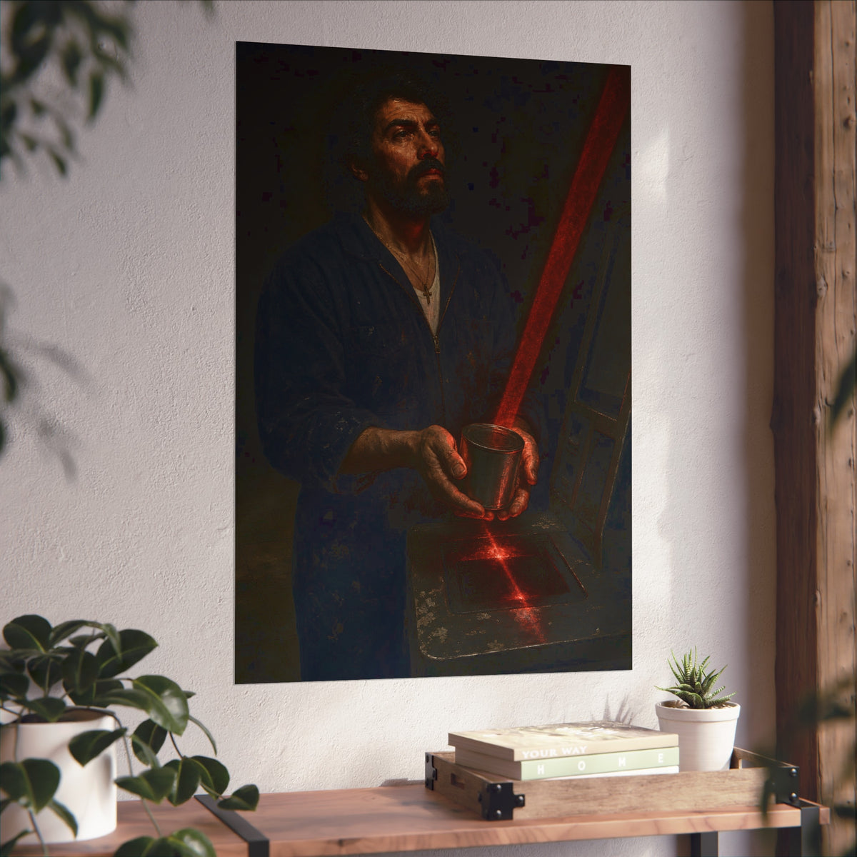 A man in blue coveralls holding a metal cup in a red scanner beam. The First Scan by Garabaggio, fine art print hanging in a room.