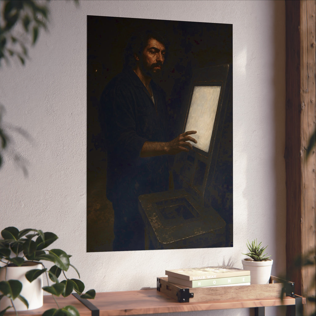 A bearded man in coveralls touching a glowing checkout screen. The Invitation to Begin by Garabaggio, fine art print hanging in a room.
