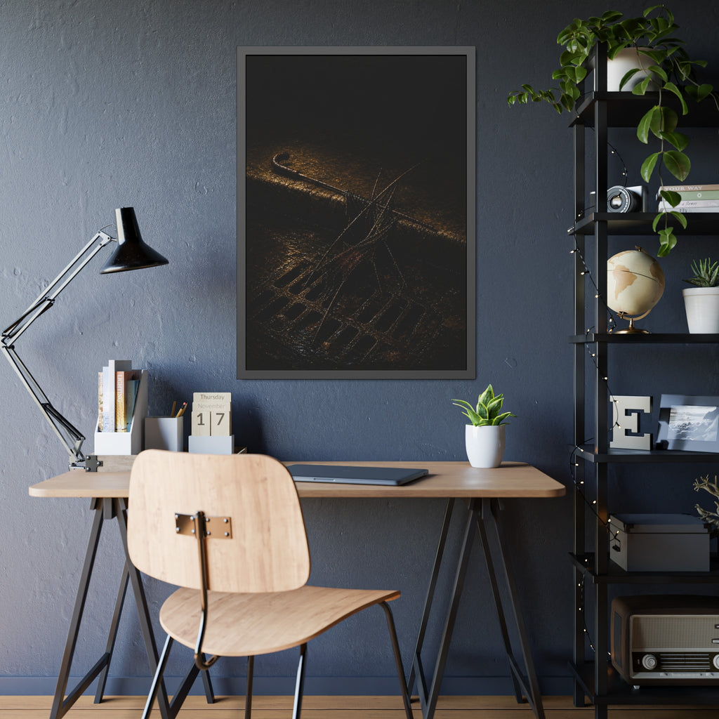 A broken umbrella collapsed across a storm drain grate at the curb. The Burial at the Storm Drain by Garabaggio, framed fine art print hanging in a room.