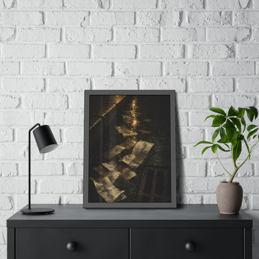 Wet receipts scattered in a gutter beside a storm drain in the rain. The Audit in Rain by Garabaggio, framed fine art print hanging in a room.