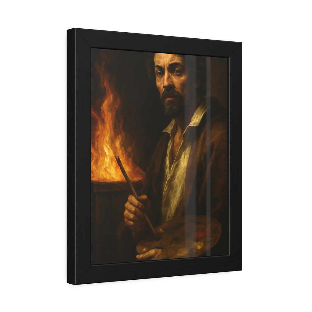 Man holding a palette and brushes, a fire behind him. Self-Portrait with Palette (After Caravaggio) by Garabaggio, framed fine art print hanging in a room.