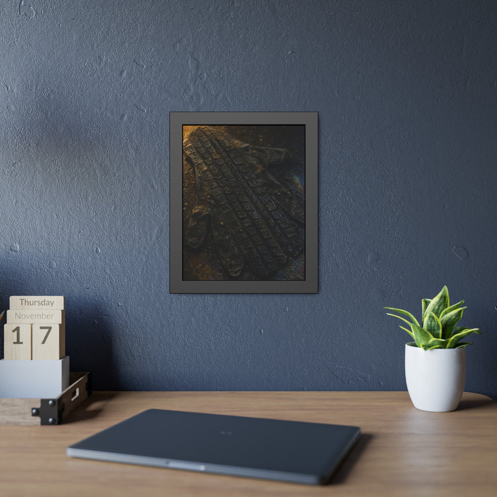 A flattened work glove on asphalt with a tire tread pressed across it. The Passage of the Wheel by Garabaggio, framed fine art print hanging in a room.