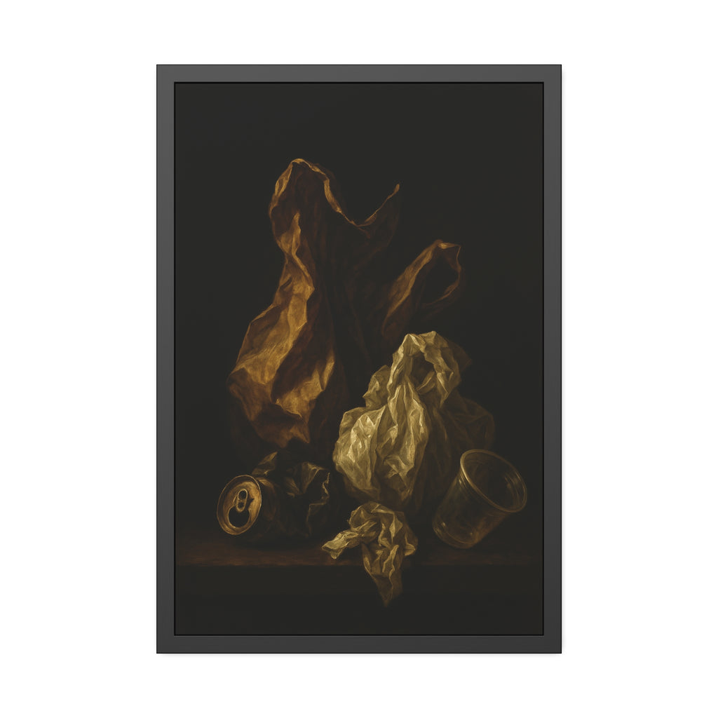 A plastic bag and crumpled paper beside a crushed can and clear cup. The Two Penitents by Garabaggio, framed fine art print hanging in a room.
