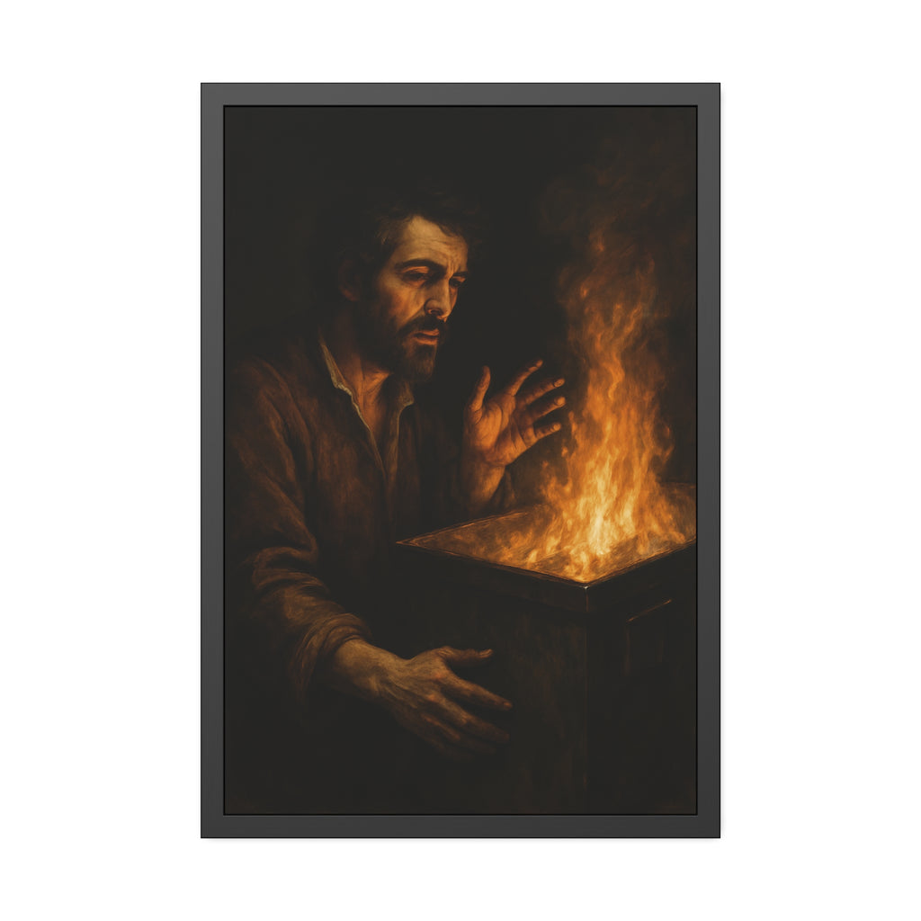 Man holding both hands toward the flames of a burning dumpster. Self-Portrait Warming the Hands by Garabaggio, framed fine art print hanging in a room.