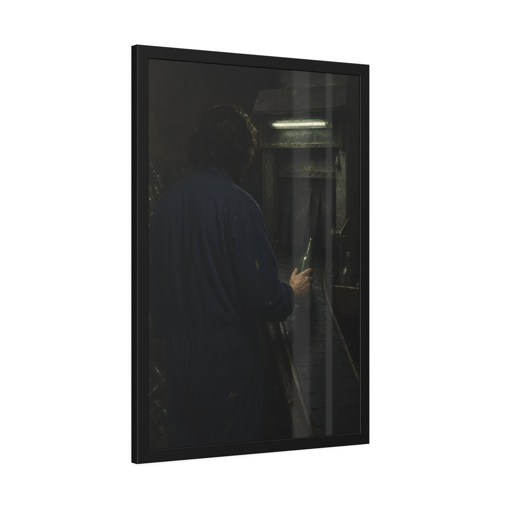 A man in coveralls sets a green bottle on a conveyor under a strip light. Garabaggio at the Conveyor by Garabaggio, framed fine art print hanging in a room.