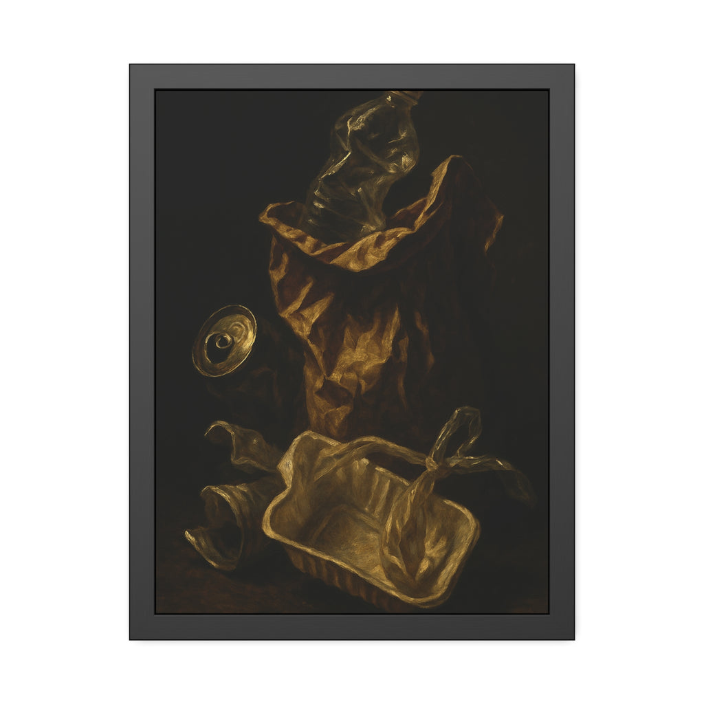 A paper bag, crushed bottle and foil tray lit against deep darkness. Reliquary of the Takeout by Garabaggio, framed fine art print hanging in a room.