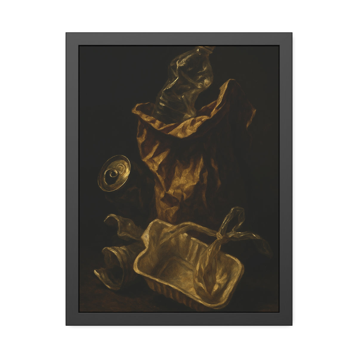 A paper bag, crushed bottle and foil tray lit against deep darkness. Reliquary of the Takeout by Garabaggio, framed fine art print hanging in a room.