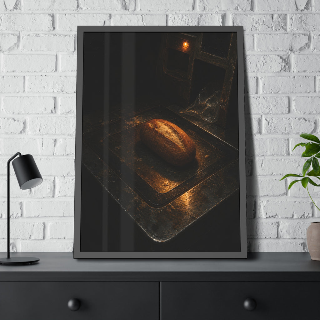 A loaf of bread alone on a dark self checkout weighing plate. The Witness at the Scale by Garabaggio, framed fine art print hanging in a room.