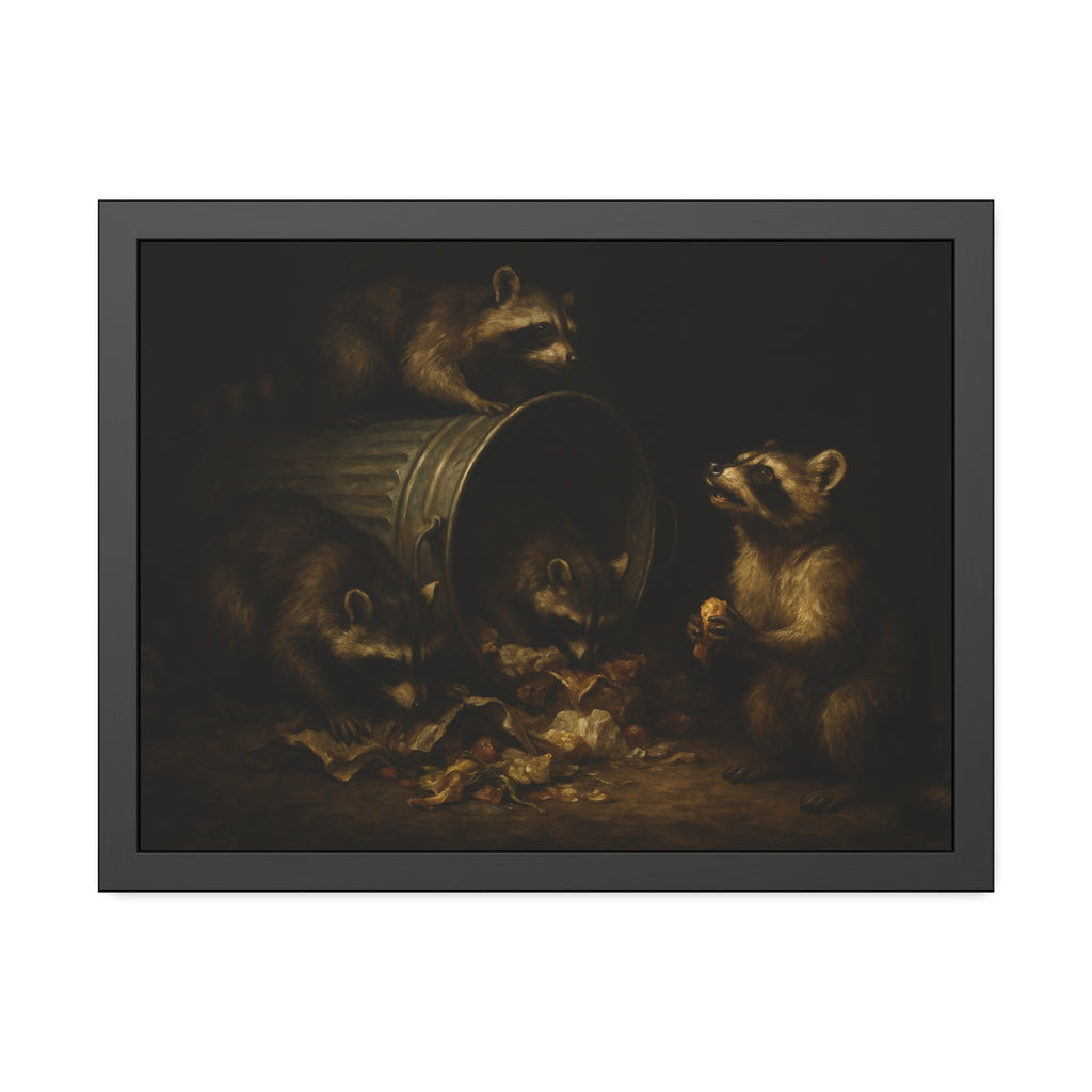 Four raccoons around a toppled metal trash can in the dark. The Last Bite by Garabaggio, framed fine art print hanging in a room.