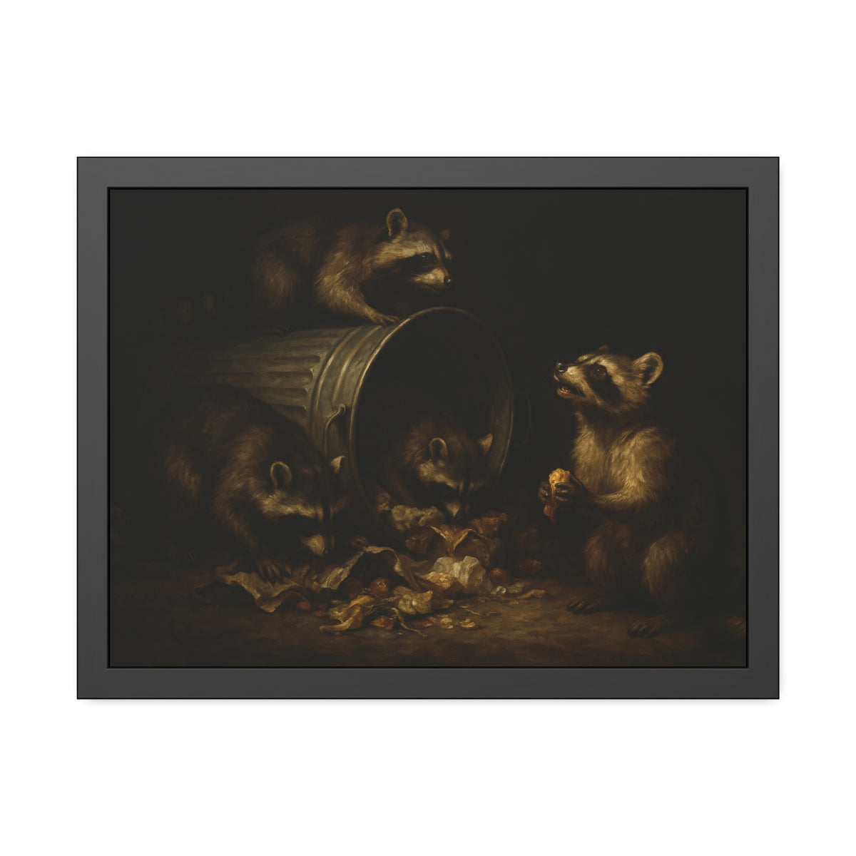 Four raccoons around a toppled metal trash can in the dark. The Last Bite by Garabaggio, framed fine art print hanging in a room.